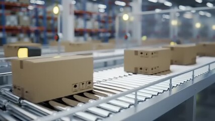 High-tech warehouse operations featuring smart conveyor belts moving packaged goods for streamlined distribution and supply chain management