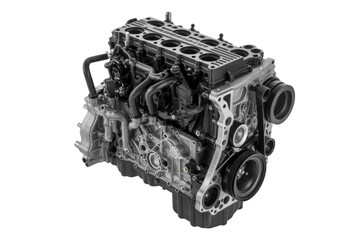 A detailed close-up of a powerful, modern internal combustion engine, showcasing its intricate design and components. background removed