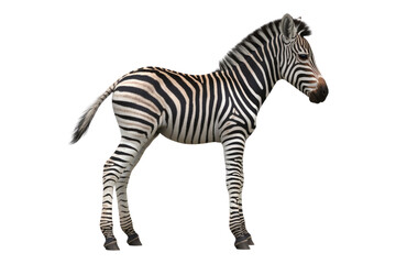 Fototapeta premium A young zebra foal stands on a transparent background, showcasing its distinctive black and white stripes. background removed
