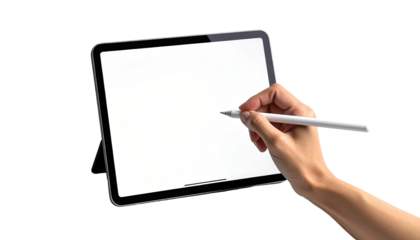 Hand holding stylus, writing on a blank tablet screen