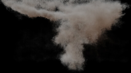 Isolated large and wispy cloud of brown smoke or dust with a lighter inner section on a black background
