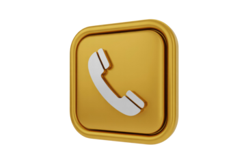 3D rendering of a golden square button with a white phone icon, representing contact or communication. background removed