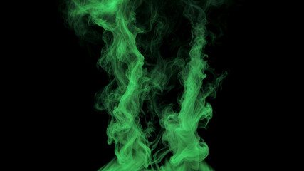 Two Isolated swirling vortex of green smoke or mist on a black background