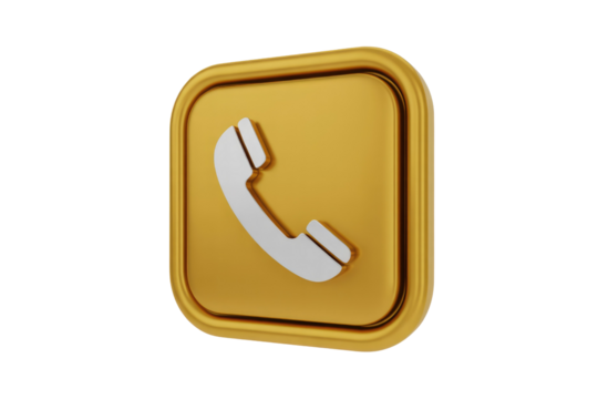 3D rendering of a golden square button with a white phone icon, representing contact or communication. background removed