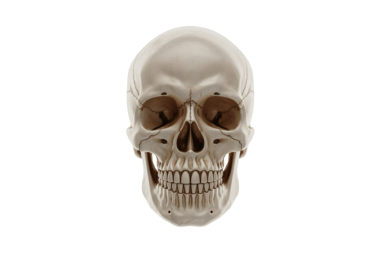 A detailed, front-facing view of a human skull, isolated on a transparent background. background removed