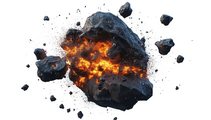 A dramatic explosion of a rocky asteroid. surrounded by fiery sparks and debris. set against a clean white background. ideal for illustrating cosmic events or space-themed projects