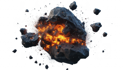 A dramatic explosion of a rocky asteroid. surrounded by fiery sparks and debris. set against a clean white background. ideal for illustrating cosmic events or space-themed projects