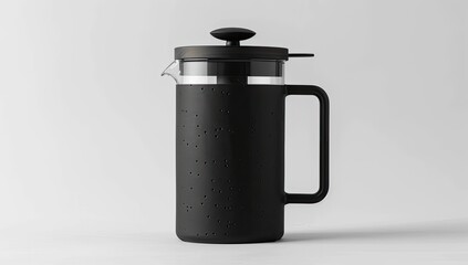 A sleek, black French press coffee maker with a glass carafe and silicone sleeve, sits on a plain white background