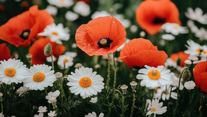 Vibrant red poppies and white daisies