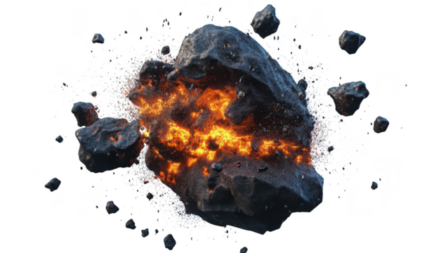 A dramatic explosion of a rocky asteroid. surrounded by fiery sparks and debris. set against a clean white background. ideal for illustrating cosmic events or space-themed projects