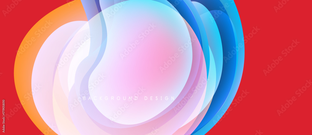 Poster abstract flowing shapes, vibrant colors, modern design. red background complements layered curves, c