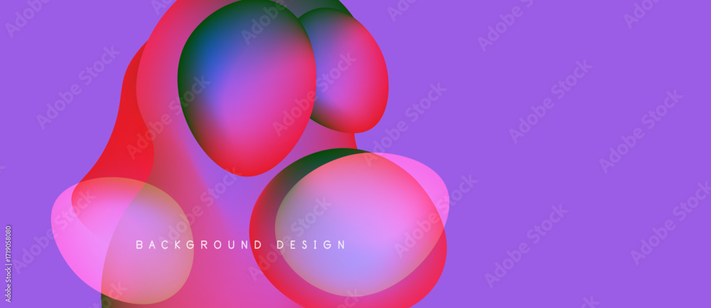 Poster abstract fluid shapes overlap, creating vibrant color blends. purple background enhances dynamic vis