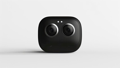 A sleek, black, square-shaped device with two prominent circular lenses, possibly a camera or similar gadget, sits on a minimalist white background.  Its design is simple and modern