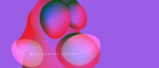 Abstract fluid shapes overlap, creating vibrant color blends. Purple background enhances dynamic visual effect. Modern design element.