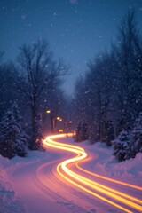 Night Road with Light Trails:  A long exposure of a snow-covered road winding through a winter wonderland, the streaks of light creating a captivating trail of light in a peaceful nighttime scene.