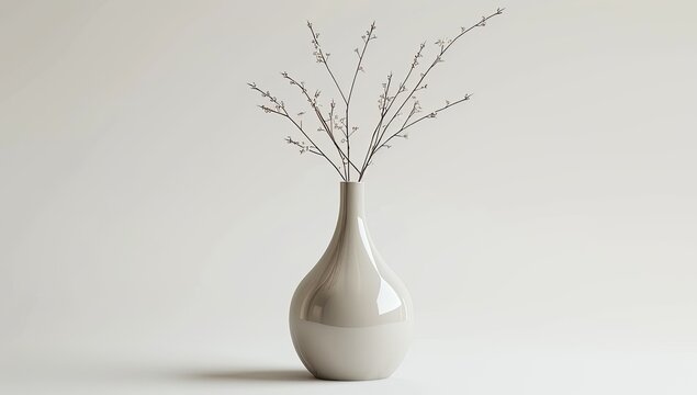 A minimalist still life featuring a light beige vase holding delicate, budding branches against a muted background