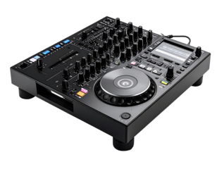 A black, professional DJ controller with a central jog wheel, numerous knobs, faders, and buttons, angled slightly to show the top and side