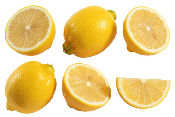 Collection of six lemons, whole and halved, isolated on a transparent background.  Perfect for recipes or design. background removed