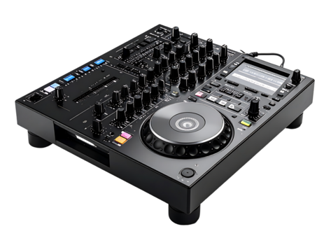 A black, professional DJ controller with a central jog wheel, numerous knobs, faders, and buttons, angled slightly to show the top and side