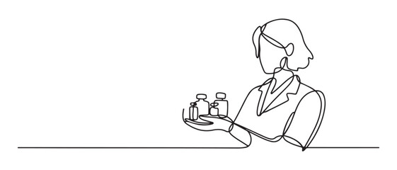 A woman pharmacist holds medicines in her hands. Proper selection of medicines. World Pharmacists Day. one line Icon drawing with white background