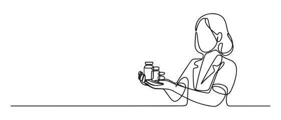 A woman pharmacist holds medicines in her hands. Proper selection of medicines. World Pharmacists Day. one line Icon drawing with white background