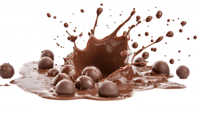 A dynamic splash of rich chocolate with smooth. glossy droplets and a central impact point. set against a clean white background. ideal for culinary themes or dessert promotions