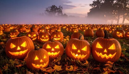 Glowing Jack o lanterns at pumpkin patch during the evening in autumn