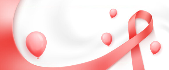 Red awareness ribbon with balloons on white background, symbol for World AIDS Day, support, and prevention campaign