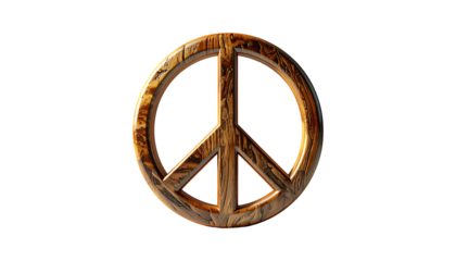 A circular peace symbol crafted from richly-grained wood, exhibiting a dark brown and amber tone, set against a stark black backdrop