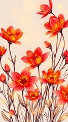 Scarlet Blossom Symphony: An elegant display of fiery-hued blossoms dance across a creamy canvas, their delicate petals bathed in a soft glow. 