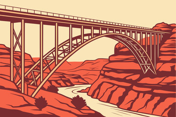 Obraz premium Arches Park Bridge in Utah, steel pedestrian span across sandstone wash in desert landscape