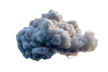 A large, realistic, grey smoke plume isolated on a transparent background, perfect for compositing. background removed