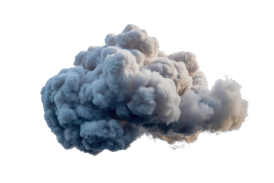 A large, realistic, grey smoke plume isolated on a transparent background, perfect for compositing. background removed