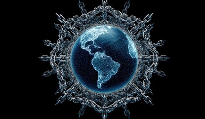 A stylized Earth, encased in a complex chain pattern