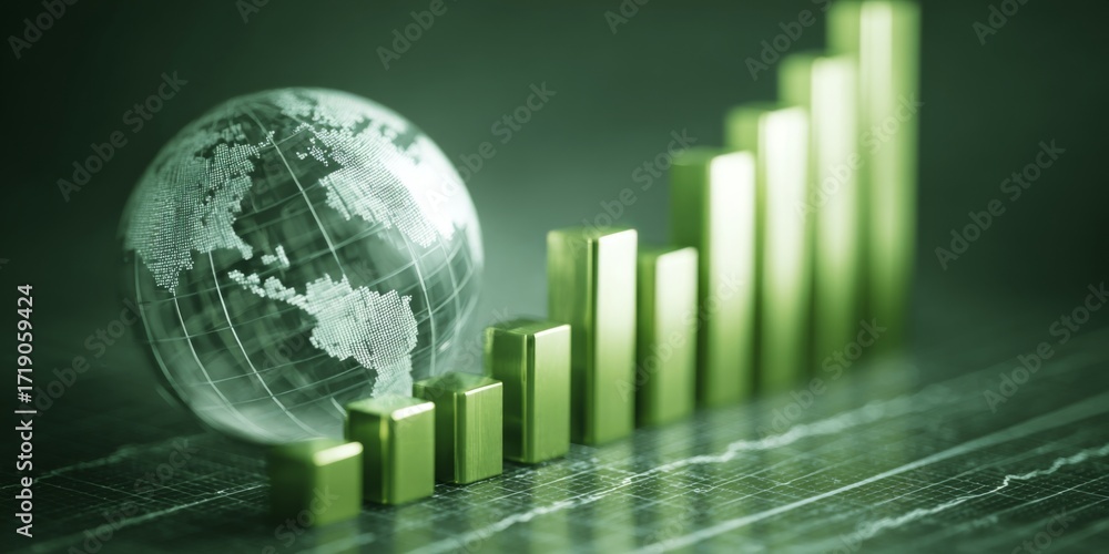 Aufkleber growth chart with green bars and globe in soft focus showcasing global business development and econ