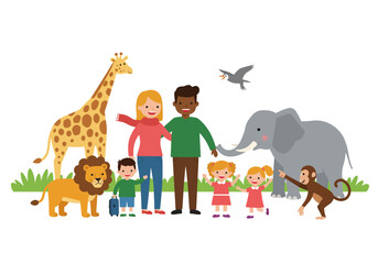 A cartoon family at the zoo with a giraffe lion elephant monkey and bird