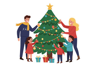 A family of five decorates a Christmas tree surrounded by wrapped gifts