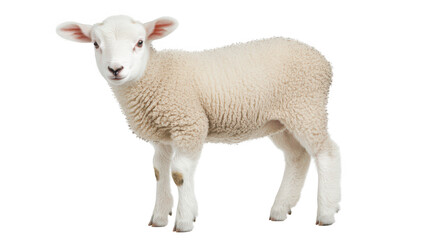 Fototapeta premium A fluffy white lamb standing gracefully on a plain background. its soft wool and playful demeanor. perfect for agricultural themes. childrens books. or animal care campaigns