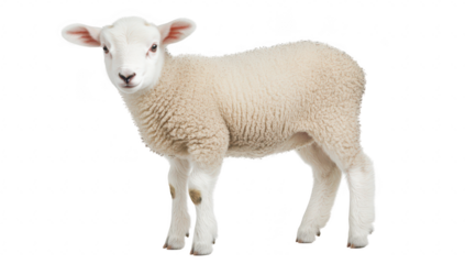 A fluffy white lamb standing gracefully on a plain background. its soft wool and playful demeanor. perfect for agricultural themes. childrens books. or animal care campaigns