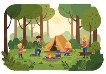 A family of four camping in a forest with a tent and campfire