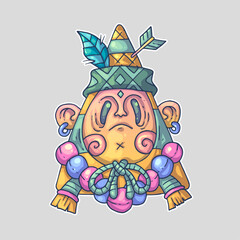 A colorful cartoon character with a triangular body, wearing a hat with a feather and an arrow, adorned with beads. Cartoon vector character. Trendy style. Vector illustration.