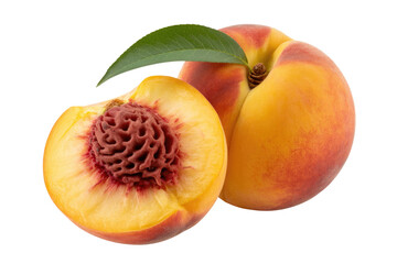 A juicy peach cut in half, showcasing its vibrant flesh and pit, alongside a whole peach and a green leaf. background removed