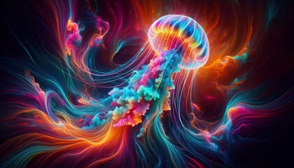 Fototapeta premium Brightly colored neon jellyfish pulse in an abstract pattern, changing into vibrant shades.