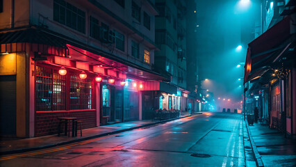 Fototapeta premium Moody and atmospheric view of a deserted city street illuminated by vibrant red and blue neon lights on a foggy, rainy night