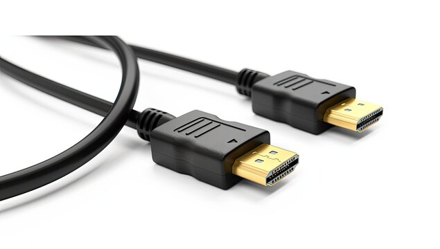A close-up product shot shows two black HDMI cables coiled on a white background.  The gold-plated connectors are clearly visible, highlighting the quality of the cable