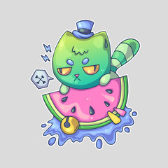 A green cat with a top hat sits on a watermelon slice, surrounded by melting ice and a bell. Cartoon vector character. Trendy style. Vector illustration.