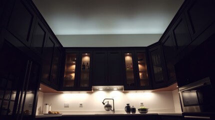 Elegant Kitchen: A modern kitchen with minimalist design, featuring sleek dark cabinetry and warm lighting, creating a sophisticated and inviting ambiance.