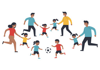 A group of people including adults and children playing soccer in an open space