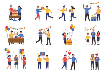Naklejka premium A grid of party scenes with people in party hats with gifts cake balloons and decorations