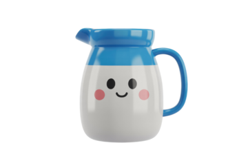 A cute, 3D-rendered milk jug with a smiling face, blue handle, and white body. background removed
